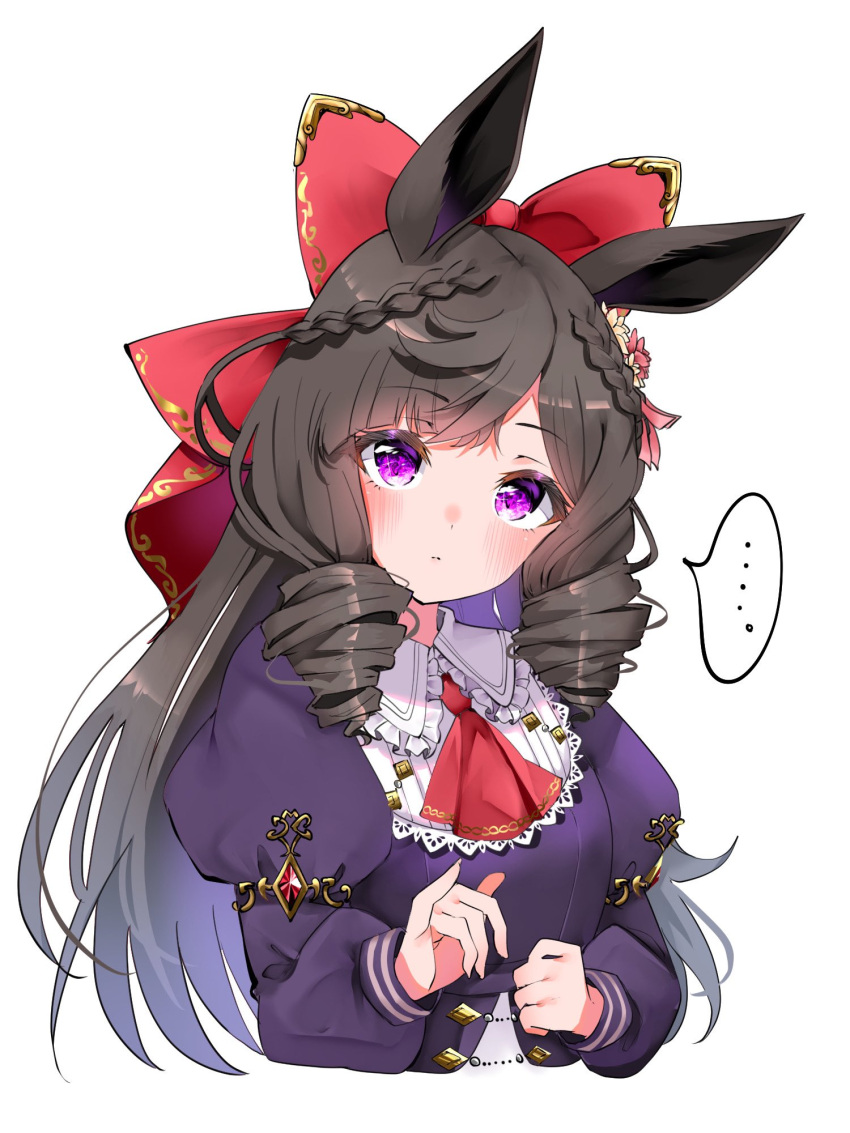 ... 1girl animal_ears ascot black_hair blush bow braid closed_mouth cropped_torso daiichi_ruby_(umamusume) dress drill_hair hair_bow highres horse_ears juliet_sleeves long_hair long_sleeves looking_at_viewer puffy_sleeves purple_dress purple_eyes red_ascot simple_background solo spoken_ellipsis umamusume upper_body white_background yuanagae