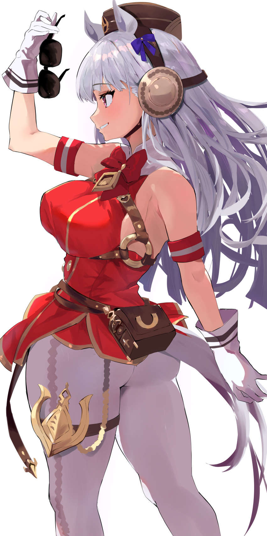 absurdres animal_ears armpits ass blush bow bowtie breasts chest_harness commission dx_(xxer4838) earmuffs eyewear_removed feet_out_of_frame gloves gold_ship_(umamusume) grey_hair harness highres holding holding_removed_eyewear horse_ears horse_girl horse_tail medium_breasts pants pillbox_hat profile red_bow red_bowtie red_shirt shirt simple_background skeb_commission sleeveless sleeveless_shirt smile sunglasses tail umamusume white_background white_gloves white_pants