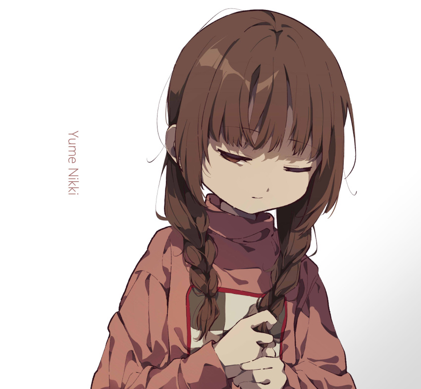 1girl ;) braid brown_eyes brown_hair closed_mouth copyright_name half-closed_eye highres holding holding_hair long_hair long_sleeves looking_to_the_side madotsuki one_eye_closed pink_sweater simple_background smile solo sui_hope sweater twin_braids white_background yume_nikki