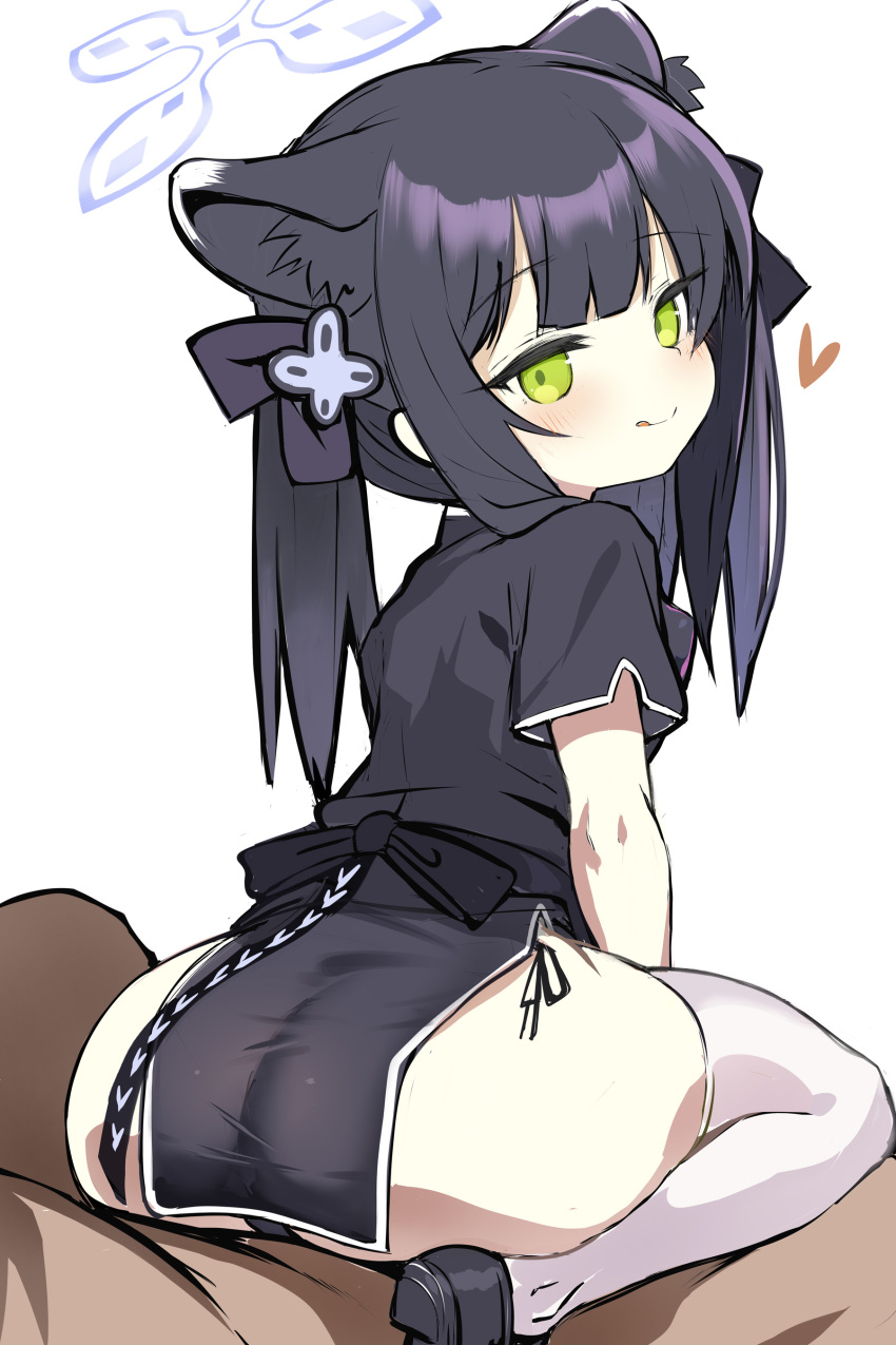 1boy 1girl absurdres animal_ear_fluff animal_ears ass black_dress black_hair blue_archive blush breasts china_dress chinese_clothes dress green_eyes hair_ornament halo highres long_hair looking_at_viewer looking_back pelvic_curtain shimejinameko short_sleeves shun_(blue_archive) shun_(small)_(blue_archive) side_slit sidelocks sitting sitting_on_person small_breasts smile solo_focus thighhighs tiger_ears two_side_up white_thighhighs