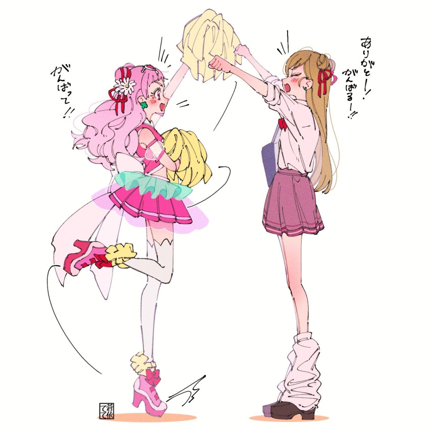 2girls :d artist_logo bag blush brown_hair closed_eyes clover_earrings commentary_request cone_hair_bun cure_yell earrings eyelashes four-leaf_clover_earrings hair_bun hair_ornament hair_ribbon happy high_heels highres holding holding_pom_poms hugtto!_precure jewelry leg_warmers long_hair looking_at_another magical_girl midriff multiple_girls nono_hana open_mouth pink_eyes pink_hair pink_shirt pink_skirt pom_pom_(cheerleading) pom_pom_(clothes) precure ribbon school_bag school_uniform shirt shoes simple_background skirt smile standing tete_a thighhighs thighs translation_request white_background white_shirt white_thighhighs
