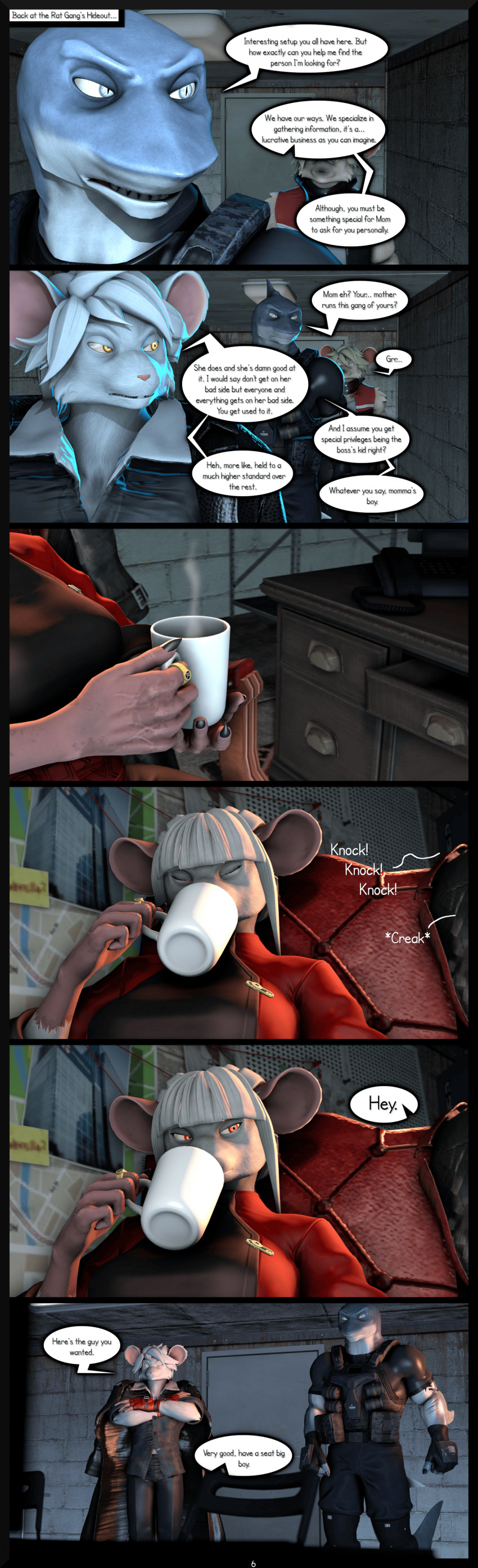 2023 3d_(artwork) 5_fingers absurd_res anthro arm_tattoo atoastedorange beverage breasts claws clothed clothing coat coat_cape coffee coffee_mug comic crossed_arms desk dialogue digit_ring digital_media_(artwork) drinking english_text eyes_closed female finger_claws finger_ring fingerless_gloves fingers fish fur furniture gloves great_white_shark grey_body grey_skin group hair hammerhead_(petruz) handwear hi_res humanoid_hands jewelry knocking lamnid lamniform male mammal marine mother_(lore) mother_and_child_(lore) mother_and_son_(lore) multicolored_body multicolored_skin murid murine muscular muscular_anthro muscular_male page_number parent_(lore) parent_and_child_(lore) parent_and_son_(lore) petruz_(copyright) rat rat_(petruz) ren_(petruz) rodent shark shirt shizu_(petruz) sitting son_(lore) source_filmmaker speech_bubble standing table tattoo teeth text text_box topwear two_tone_body two_tone_skin white_body white_fur white_hair white_skin