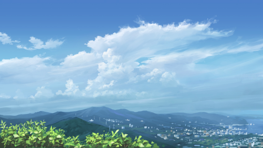 absurdres blue_sky building city cloud cloudy_sky commentary_request cumulonimbus_cloud day harbor highres landscape leaf mountain no_humans ocean original outdoors power_lines scenery sky suzuke