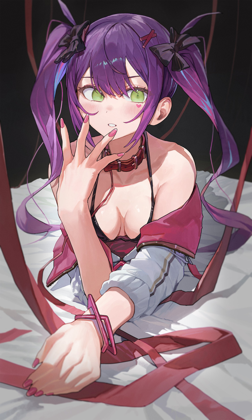 1girl absurdres bare_shoulders belt_collar bikini black_bikini black_ribbon blush bracelet breasts cleavage collar collarbone colored_inner_hair demon_tail dot_nose fingernails green_eyes hair_ornament hair_ribbon hairpin heart highres holoforce hololive jacket jewelry jirai_kei large_breasts long_hair looking_at_viewer lying multicolored_hair nail_polish open_clothes open_jacket open_mouth pink_nails purple_hair ribbon solo spread_fingers starshell swimsuit tail teeth tokoyami_towa twintails virtual_youtuber white_jacket