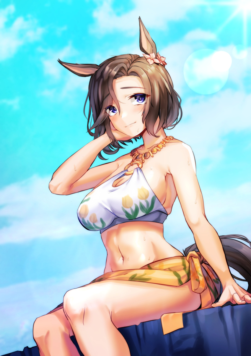 1girl absurdres air_groove_(seaside_bloom)_(umamusume) air_groove_(umamusume) animal_ears bikini breasts brown_hair cleavage commentary diffraction_spikes ear_flower feet_out_of_frame floral_background flower hand_on_own_cheek hand_on_own_face highres horse_ears horse_girl horse_tail jewelry lens_flare looking_at_viewer midriff navel necklace o-ring o-ring_bikini official_alternate_costume official_alternate_hairstyle outdoors pink_flower purple_eyes sarong sideboob sitting solo summer's_sunlight_fades_to_blue_(umamusume) sunlight swimsuit tail tomoru_(tomanvil_3) tulip umamusume white_bikini yellow_sarong