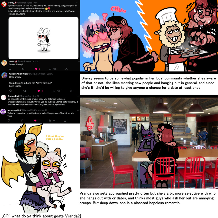 &lt;3 &lt;3_eyes absurd_res anthro arby's bat bear black_hair blarf022 blush bovid brown_body brown_fur brown_hair caprine chef_hat clothing cookie digital_drawing_(artwork) digital_media_(artwork) dot_(dotceedot) english_text female flustered food fur furby_(twistedfurby) generation_1_pokemon gengar giselle_(giselleandvivian) goat hair hat headgear headwear hi_res holding_another holding_character honduran_white_bat kissing_cheek male mammal meowth microbat nintendo photo_background photography_(artwork) phyllostomid pokemon pokemon_(species) restaurant sheep sherry_bear_(blarf022) text twistedfurby vranda_von_bat_(blarf022) white_body white_fur wings yangochiropteran