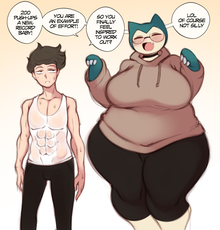2023 absurd_res anthro big_breasts blue_body blush blush_lines bodily_fluids bottomwear breasts bulge clothed clothing dialogue duo english_text eyes_closed eyewear female generation_1_pokemon glasses hi_res human male mammal nintendo open_mouth pants pokemon pokemon_(species) saltyxodium slightly_chubby smile snorlax speech_bubble sweat sweater sweaty_clothing text thick_thighs topwear white_body wide_hips