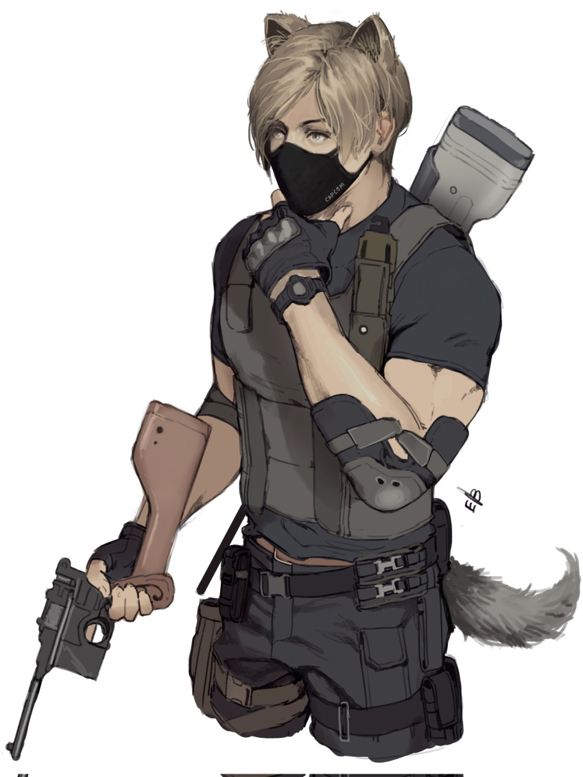 1boy animal_ears belt black_pants black_shirt blonde_hair blue_eyes bulletproof_vest dog_boy dog_ears dog_tail elbow_pads ericson_blum extra_ears fingerless_gloves gloves gun gun_on_back highres holding holding_gun holding_weapon knife_holster leon_s._kennedy looking_to_the_side male_focus mask mouth_mask muscular pants resident_evil resident_evil_4 resident_evil_4_(remake) shirt short_hair solo standing tail thigh_strap watch weapon weapon_on_back white_background wristwatch