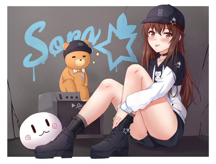 1girl amplifier ankimo_(tokino_sora) black_choker black_footwear black_headwear black_hoodie black_shorts blush boots breasts brown_eyes brown_hair character_name choker crack cracked_wall graffiti highres hololive hood hoodie lace-trimmed_socks long_hair looking_at_viewer muwa12 o-ring o-ring_choker shorts small_breasts smile tokino_sora tokino_sora_(6th_costume) tongue tongue_out two-tone_hoodie virtual_youtuber white_hoodie