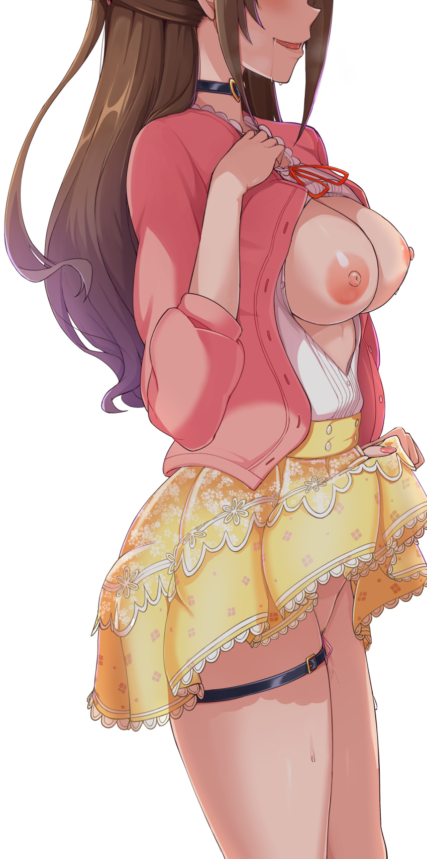 1girl absurdres black_choker blush breasts brown_hair cardigan choker covered_nipples drooling female_pubic_hair heart heart_choker highres idolmaster idolmaster_cinderella_girls large_breasts long_hair nipples open_clothes open_mouth open_shirt pink_cardigan pubic_hair red_ribbon ribbon saliva sex_toy shimamura_uzuki shirt simple_background skirt smile solo standing thighlet twogie vibrator white_background white_shirt yellow_skirt
