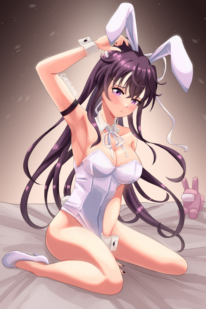 1girl absurdres among_us animal_ears armlet armpits bare_legs bed_sheet between_legs black_hair black_nails blush bow breasts cherrhara closed_mouth collarbone detached_collar embarrassed fake_animal_ears fake_tail full_body gradient_background hair_bow hand_between_legs hand_in_own_hair high_heels highres indoors kanzaki_kaori large_breasts legs leotard long_hair looking_at_viewer on_bed pink_(among_us) playboy_bunny ponytail purple_eyes rabbit_ears rabbit_tail signature sitting solo strapless strapless_leotard tail thighs toaru_majutsu_no_index very_long_hair wariza white_bow white_footwear white_leotard wrist_cuffs