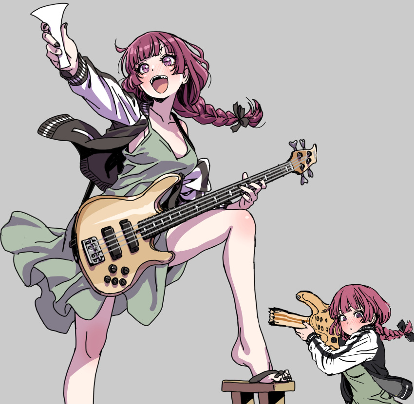 1girl absurdres arched_soles arm_up black_bow black_jacket black_nails blunt_bangs blush bocchi_the_rock! bow braid braided_ponytail breasts collarbone dress electric_guitar feet foot_out_of_frame geta green_dress grey_background guitar hair_bow highres hiroi_kikuri holding instrument jacket legs long_hair long_sleeves looking_at_viewer medium_breasts multicolored_clothes multicolored_jacket multiple_views nail_polish open_clothes open_jacket open_mouth outstretched_arm purple_eyes purple_hair ringed_eyes sandals shadow sharp_teeth short_dress simple_background sleeveless sleeveless_dress standing standing_on_one_leg teeth toenail_polish toenails toes track_jacket two-tone_jacket upper_body white_jacket yamashita_shun'ya