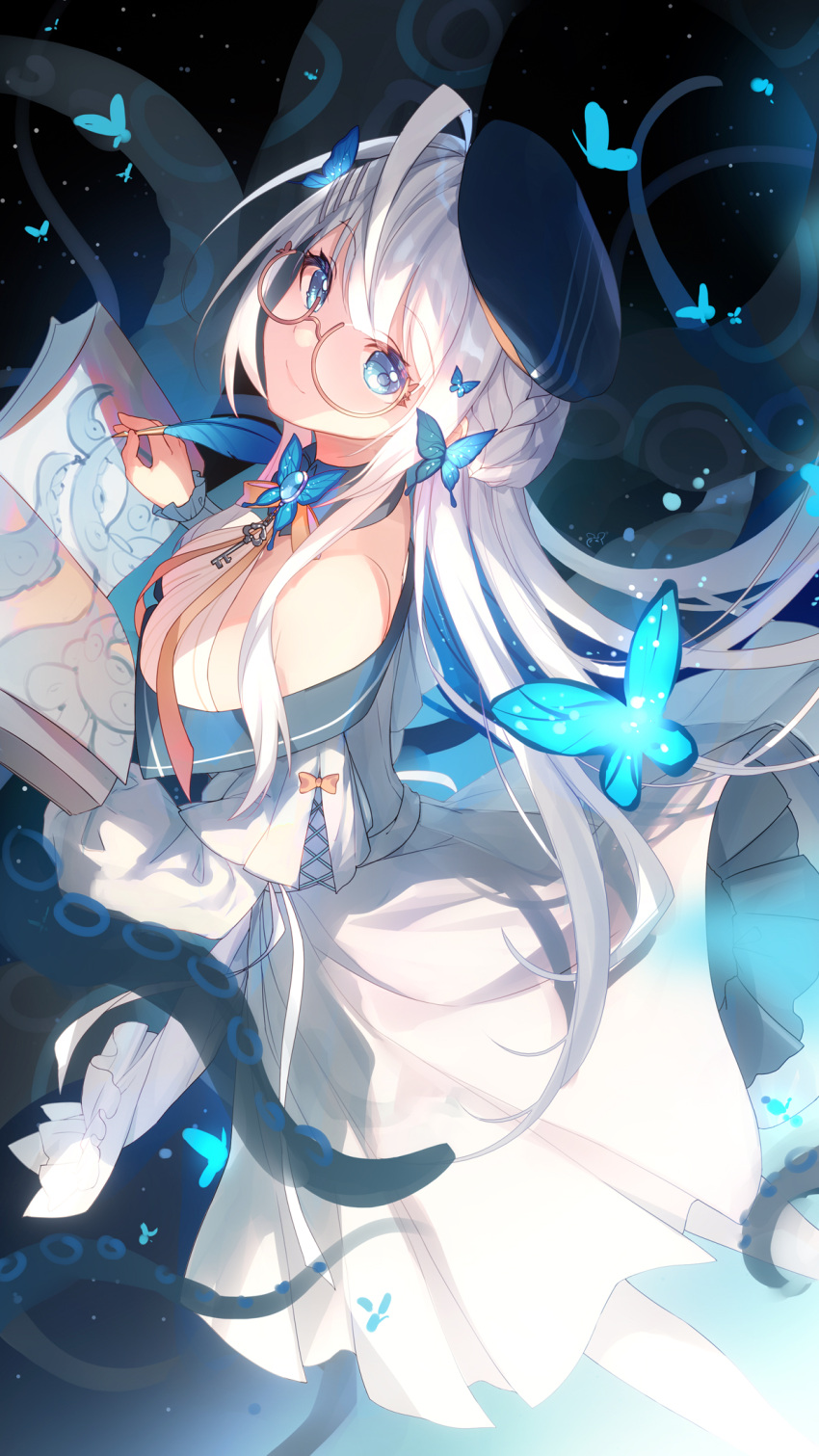1girl bare_shoulders bison_cangshu blue_eyes blue_headwear book braid breasts bug butterfly butterfly_ornament dress glasses highres holding holding_book key long_hair long_sleeves looking_at_viewer medium_breasts original pen smile solo tentacles white_dress white_hair