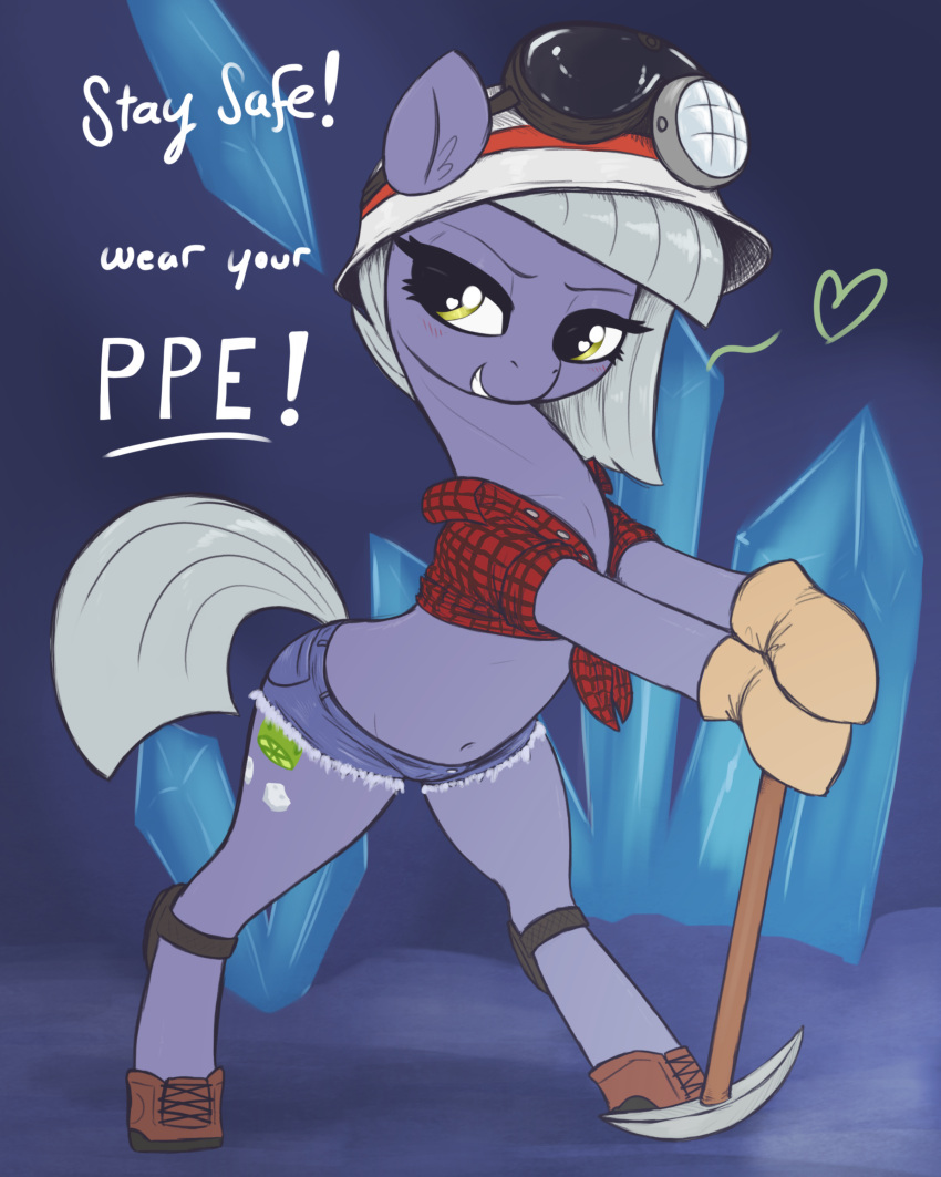 4:5 absurd_res bottomwear clothing crossgender cutoffs daisy_dukes denim denim_clothing dialogue english_text equid equine female friendship_is_magic grey_hair hair hasbro hi_res hotpants limestone_pie_(mlp) mammal my_little_pony pickaxe shorts t72b text