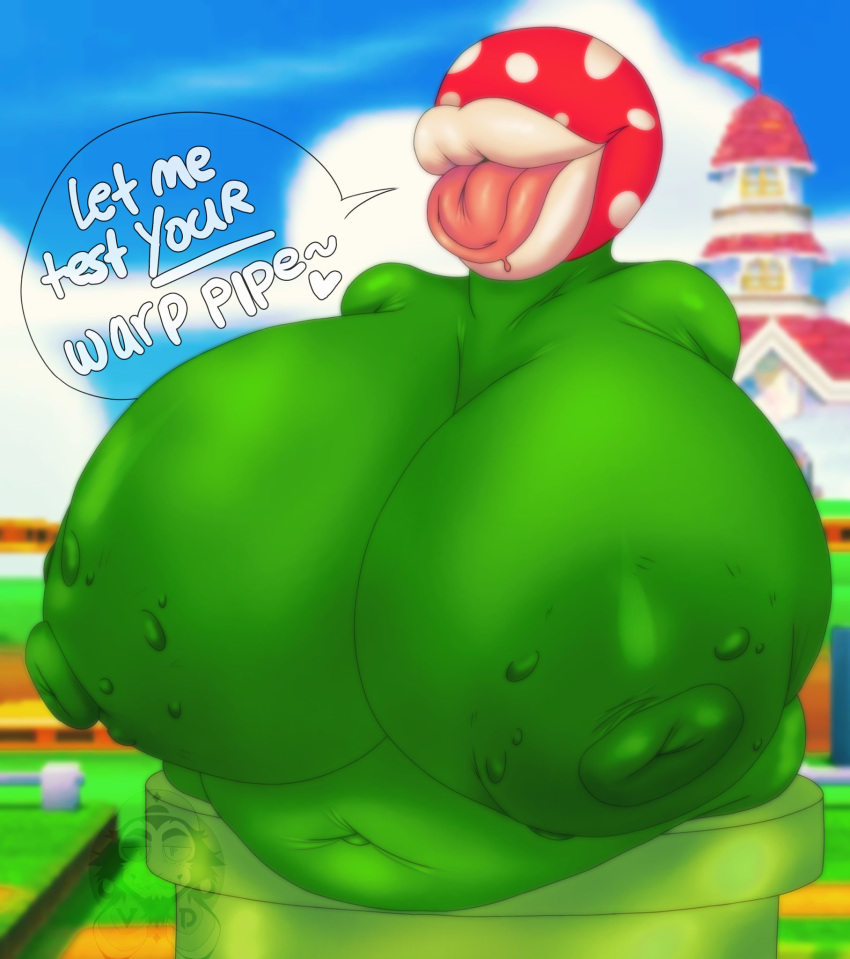 areola belly big_areola big_breasts big_tongue bodily_fluids breasts castle cloud dialogue drooling elemental_creature elemental_humanoid female flirting flirting_with_viewer flora_fauna green_body hi_res highlights_(coloring) huge_areola huge_breasts humanoid hyper hyper_breasts lips mario_bros montgomery_glands navel nintendo nipple_outline not_furry overhang overhanging_belly overweight pipe piranha_plant plant plant_humanoid saliva shaded sky solo speech_bubble spots talking_to_viewer teasing thick_lips tongue tongue_out upper_body vincentdraws watermark white_lips wrinkles