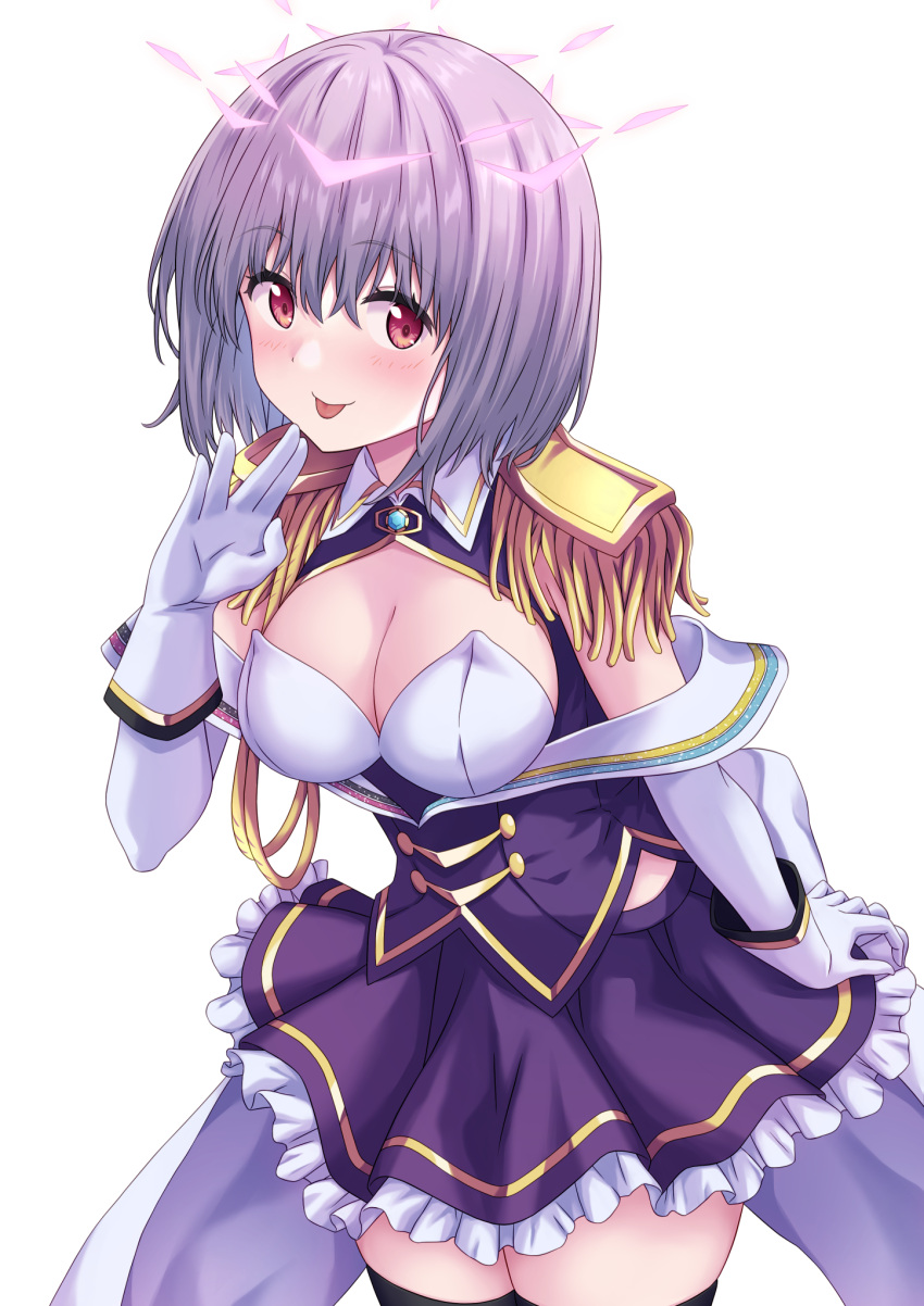 1girl aiguillette black_thighhighs breasts cleavage cowboy_shot detached_sleeves epaulettes framed_breasts frilled_skirt frills gloves gridman_universe gridman_universe_(film) halo hand_up highres large_breasts looking_at_viewer purple_hair purple_shirt purple_skirt red_eyes salute shinjou_akane shirt short_hair simple_background skirt sleeveless sleeveless_shirt smile solo ssss.gridman takahashi_(34103098) thighhighs tongue tongue_out vulcan_salute white_background white_gloves zettai_ryouiki