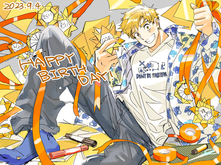 1boy 2023 akeuraji_tsukasa blonde_hair blue_socks commentary_request dated english_text happy happy_birthday highres jacket looking_at_viewer medalist_(manga) official_art shirt short_hair sketch smile socks solo tsurumai_kada yellow_eyes