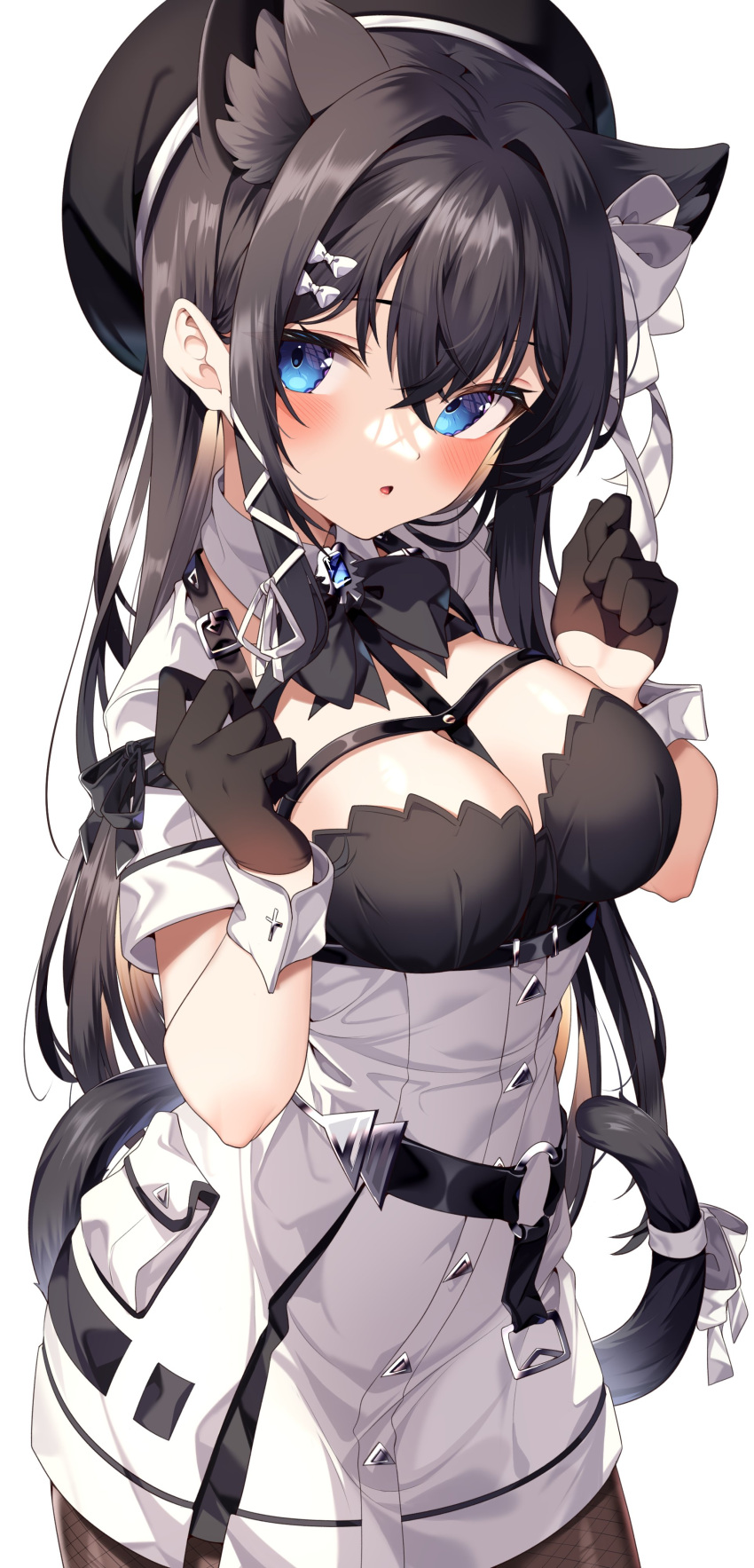 1girl :o absurdres animal_ears beret black_gloves black_hair black_headwear blue_eyes blush bow breasts cat_ears cat_girl cat_tail cleavage crossed_bangs gloves hair_between_eyes hair_bow hat highres jun_(aousa0328) long_hair looking_at_viewer medium_breasts original simple_background solo tail white_background white_bow