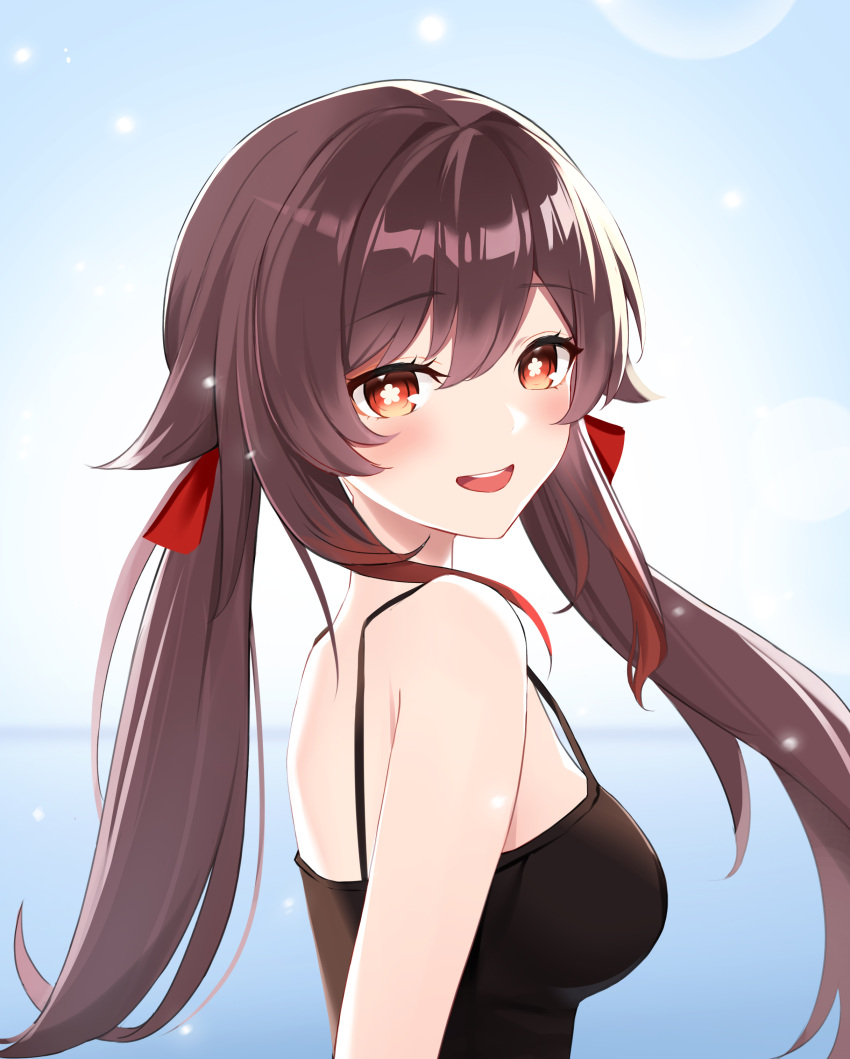 1girl :d absurdres alternate_costume black_camisole blush breasts bright_pupils brown_hair camisole casual chinese_commentary flower-shaped_pupils genshin_impact hair_ribbon highres hu_tao_(genshin_impact) light_blue_background long_hair looking_at_viewer medium_breasts no_headwear orange_eyes red_ribbon ribbon shiyuesan simple_background smile solo symbol-shaped_pupils teeth twintails upper_body upper_teeth_only white_pupils