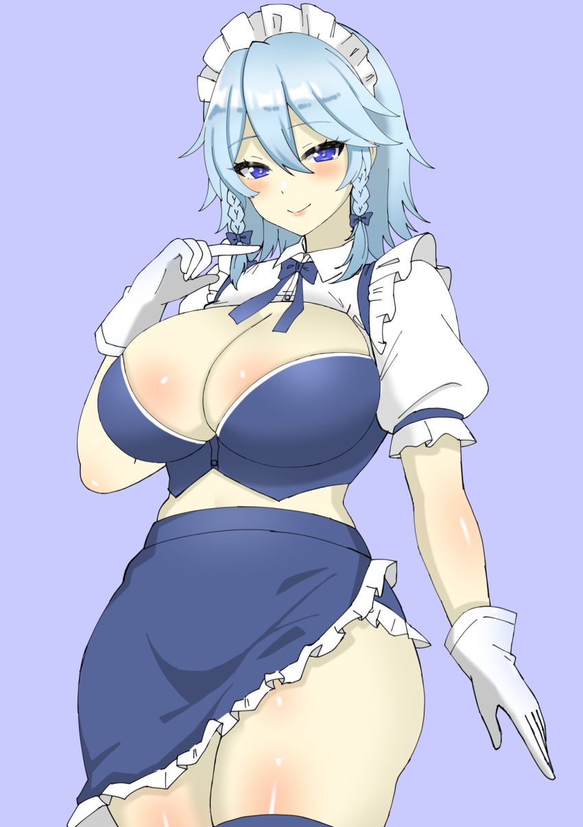 1girl blue_background blue_eyes braid breasts cleavage closed_mouth cowboy_shot gloves grey_hair highres huge_breasts izayoi_sakuya maid maid_headdress medium_hair one-hour_drawing_challenge shirokumall short_sleeves side_braids simple_background smile solo thighhighs thighs touhou twin_braids white_gloves