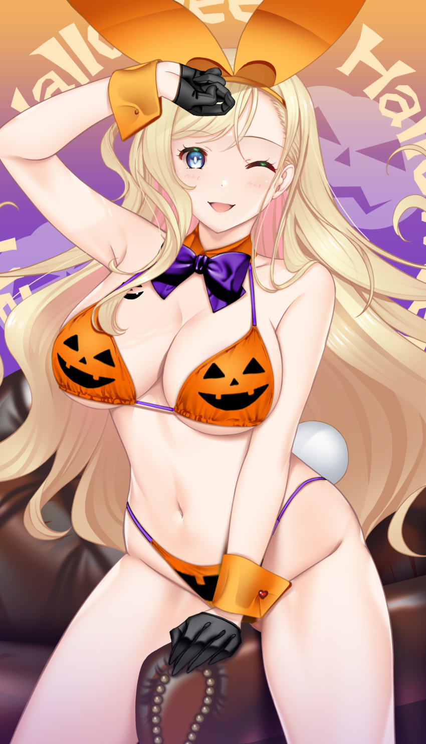 1girl absurdres animal_ears arm_support arm_up bikini black_gloves blonde_hair bow bowtie breasts cleavage cleft_of_venus closed_mouth collar commentary couch detached_collar fake_animal_ears fake_tail gloves halloween halloween_costume halterneck hataraki_kuma highres indonesian_high_school_uniform jack-o'-lantern_print large_breasts long_hair looking_at_viewer navel on_couch one_eye_closed open_mouth orange_bikini orange_collar original playboy_bunny print_bikini purple_bow purple_bowtie rabbit_ears rabbit_tail school_uniform sitting smile solo string_bikini swimsuit tail text_background wing_collar wrist_cuffs