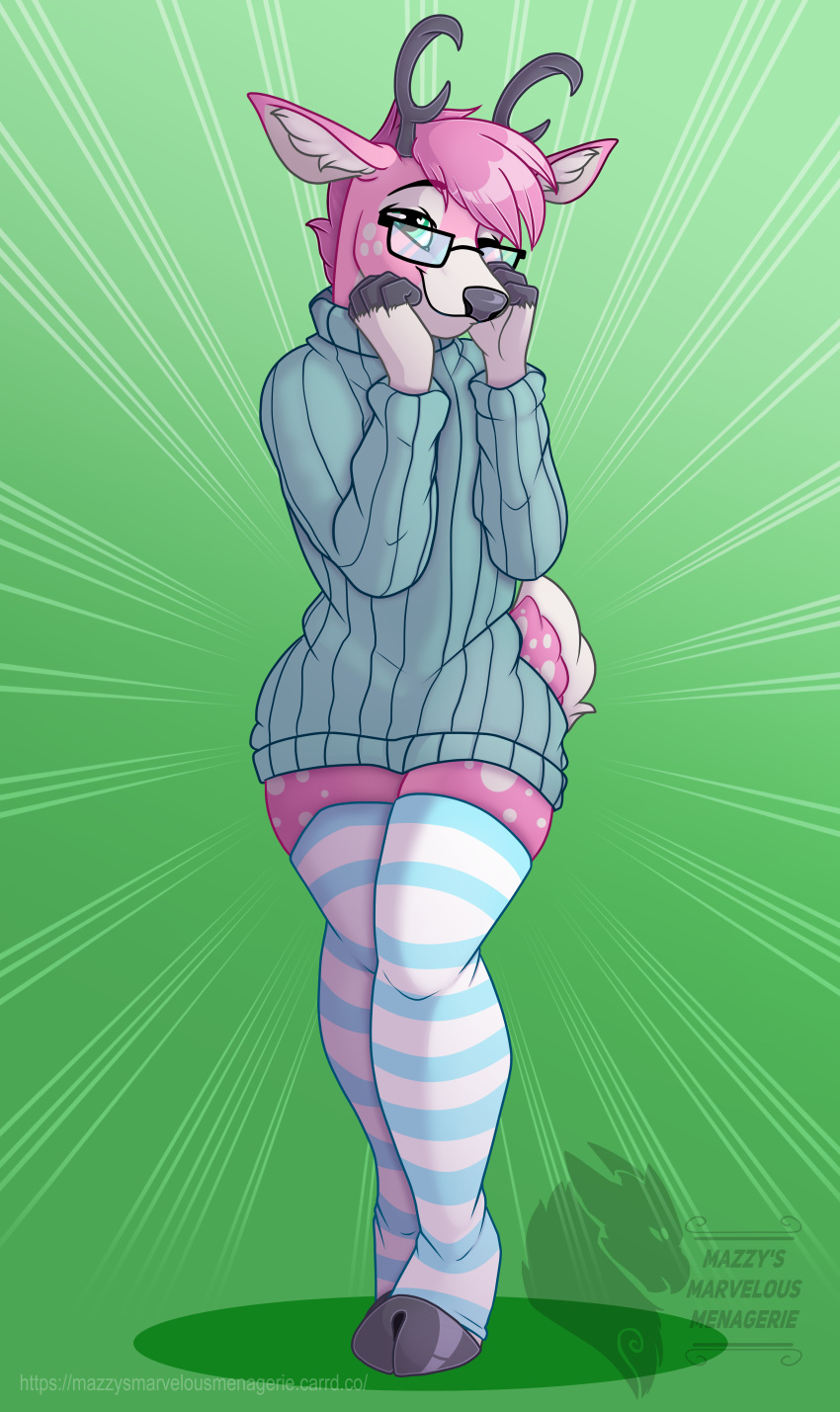 absurd_res anthro clothed clothing curvy_figure deer digital_media_(artwork) eyewear girly glasses hi_res jumper leggings legwear looking_at_viewer male mammal marvelous_managerie simple_background solo solo_focus