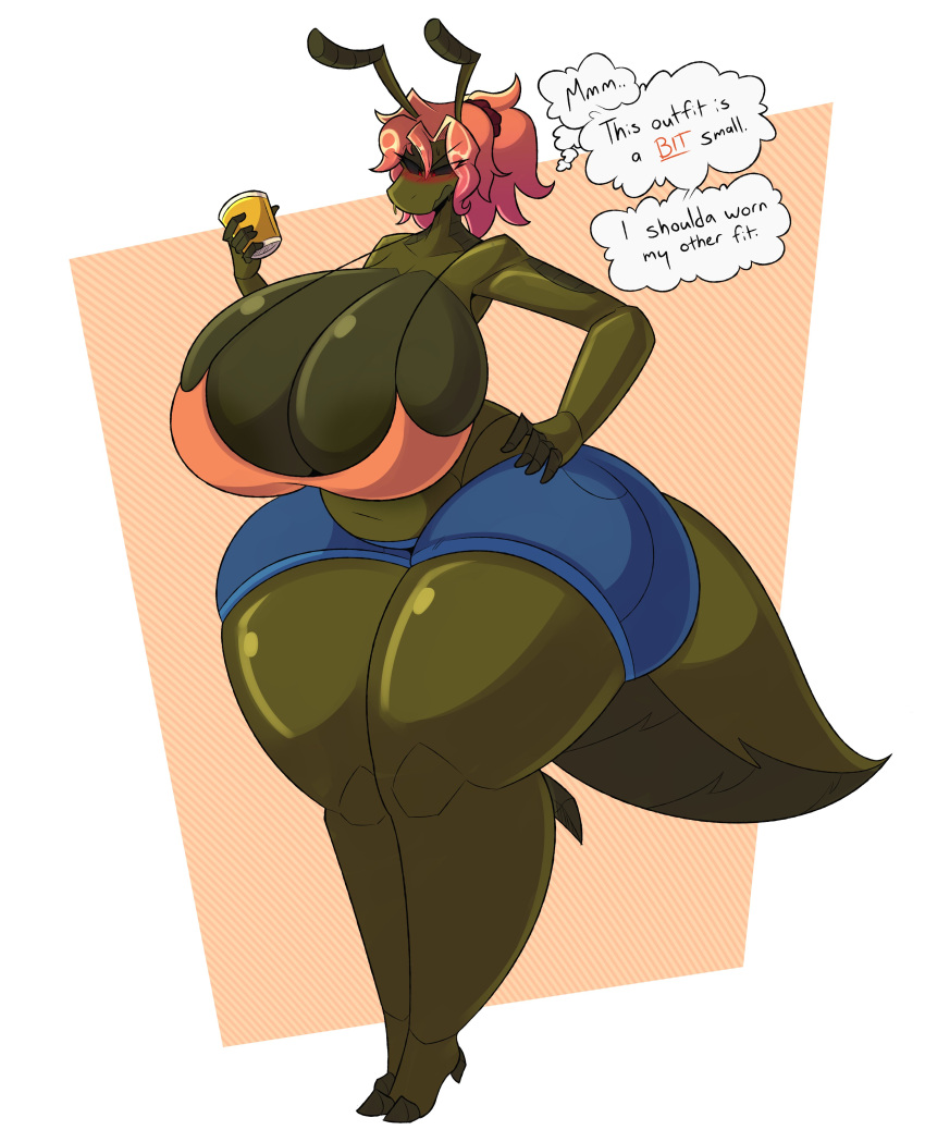 absurd_res antennae_(anatomy) anthro areola areola_slip arthropod arthropod_abdomen blush bottomwear bra breasts clothed clothing container cup female hair hand_on_hip hi_res hotpants huge_hips huge_thighs insect non-mammal_breasts nonarycubed pink_hair shorts small_waist solo thick_thighs thought_bubble underwear wide_hips