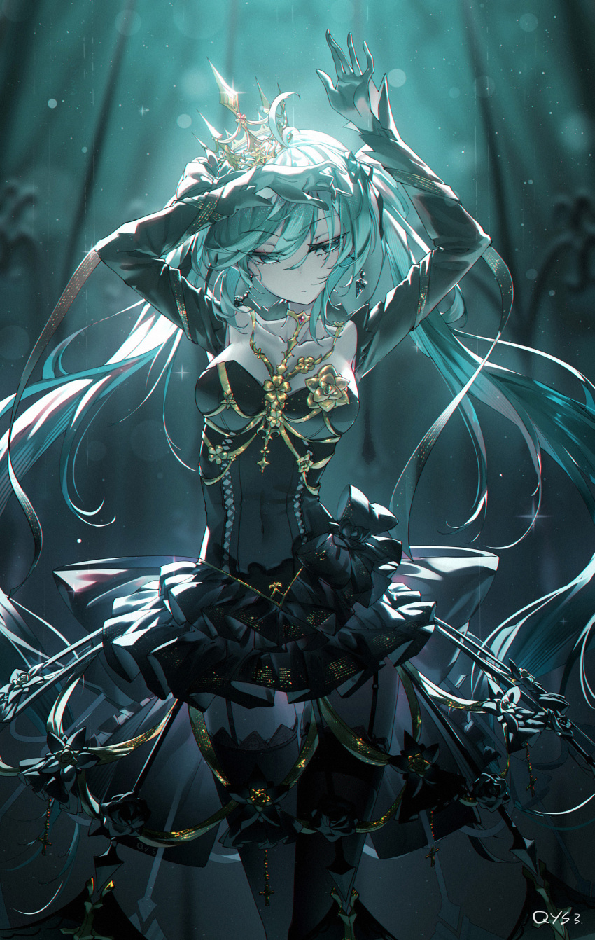 1girl ahoge aqua_eyes aqua_hair arms_up black_thighhighs blurry blurry_background breasts collarbone crown dress garter_straps hatsune_miku highres long_hair looking_at_viewer medium_breasts qys3 solo thighhighs twintails vocaloid