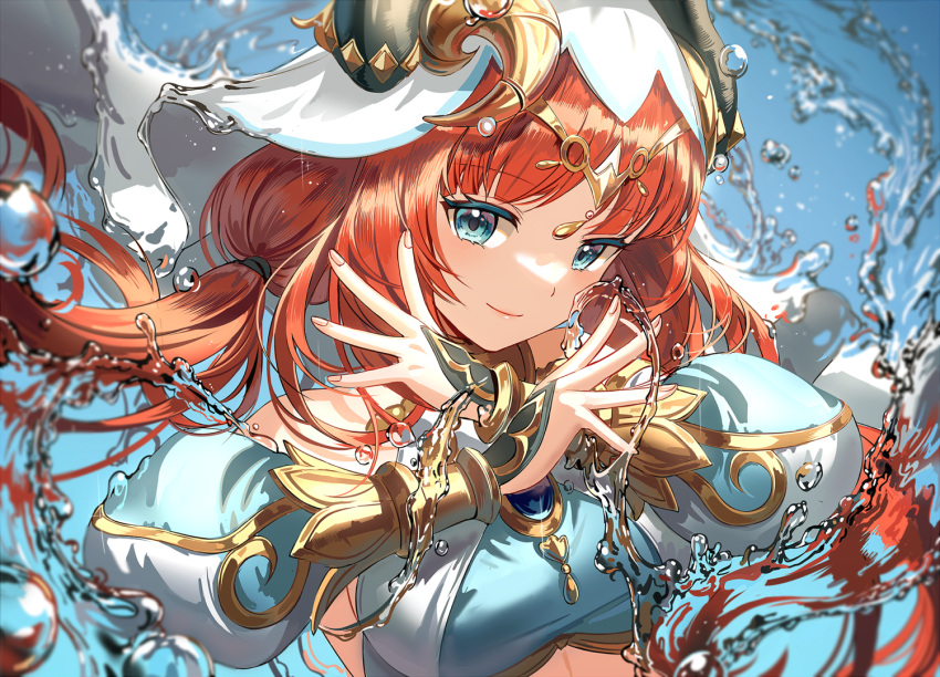 1girl aqua_eyes bare_shoulders blurry bracer breasts circlet closed_mouth commentary_request crop_top depth_of_field detached_sleeves fake_horns floating_hair genshin_impact gold_trim horns jewelry long_sleeves looking_at_viewer low_twintails medium_breasts neck_ring nilou_(genshin_impact) parted_bangs puffy_long_sleeves puffy_sleeves red_hair silence_girl smile solo twintails upper_body veil water white_headwear white_veil x_arms