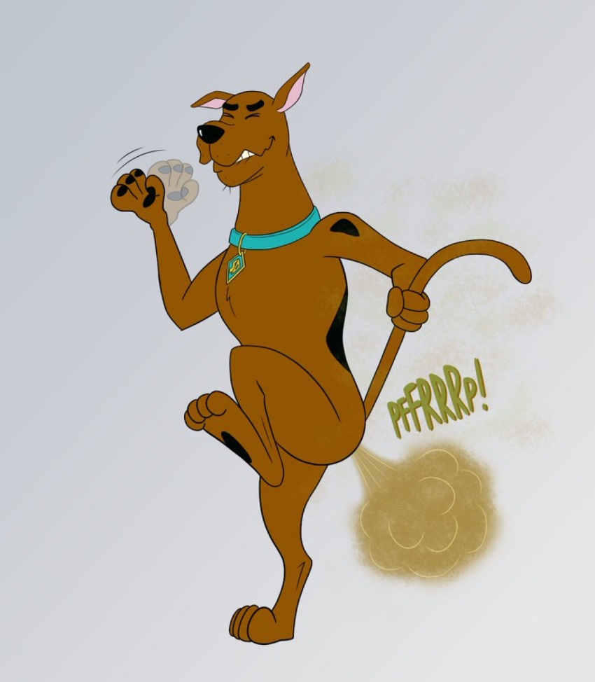 bite biting_lip blue_collar canid canine canis collar domestic_dog eyes_closed fart fart_cloud hand_fan hanna-barbera hi_res killmemeow male mammal raised_leg raised_tail scooby-doo scooby-doo_(series) solo tail tail_pull text