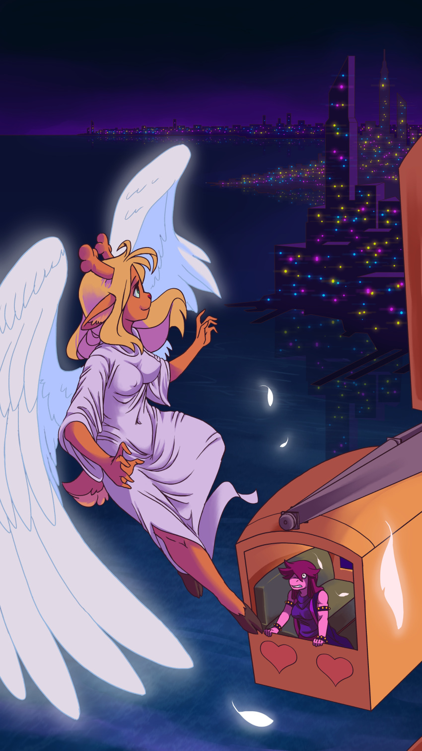 2021 9:16 absurd_res amusement_ride angel anthro antlers barefoot biped blonde_hair breasts brown_body brown_fur city cityscape clothed clothing cloven_hooves deer deltarune duo erect_nipples feathered_wings feathers feet female ferris_wheel flying fur green_eyes hair hair_over_eye hi_res hooves horn lens_flare mammal new_world_deer night nipple_outline nipples noelle_holiday one_eye_obstructed outside pink_body pink_skin plagueofgripes reindeer robe scalie scut_tail short_tail smile studded_armlet studded_bracelet susie_(deltarune) tail undertale_(series) white_wings wings