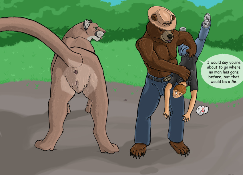 2013 anthro anus bear belt biped bottomwear brown_body brown_eyes brown_fur bulge butt butt_grab carrying claws clothed clothing cougar countershade_fur countershading detailed_background dialogue english_text felid feline female feral finger_claws footwear fully_clothed fur furgonomic_headwear furgonomics furry_tail genitals green_eyes group hand_on_butt hat headgear headwear human imminent_vore male mammal outside pants pussy quadruped restrained retractable_claws shadow shirt shoes smile smokey_bear snout speech_bubble strega tail tan_body tan_fur text text_on_belt text_on_clothing text_on_hat text_on_headwear toe_claws tongue tongue_out topless topwear trio united_states_forest_service whiskers