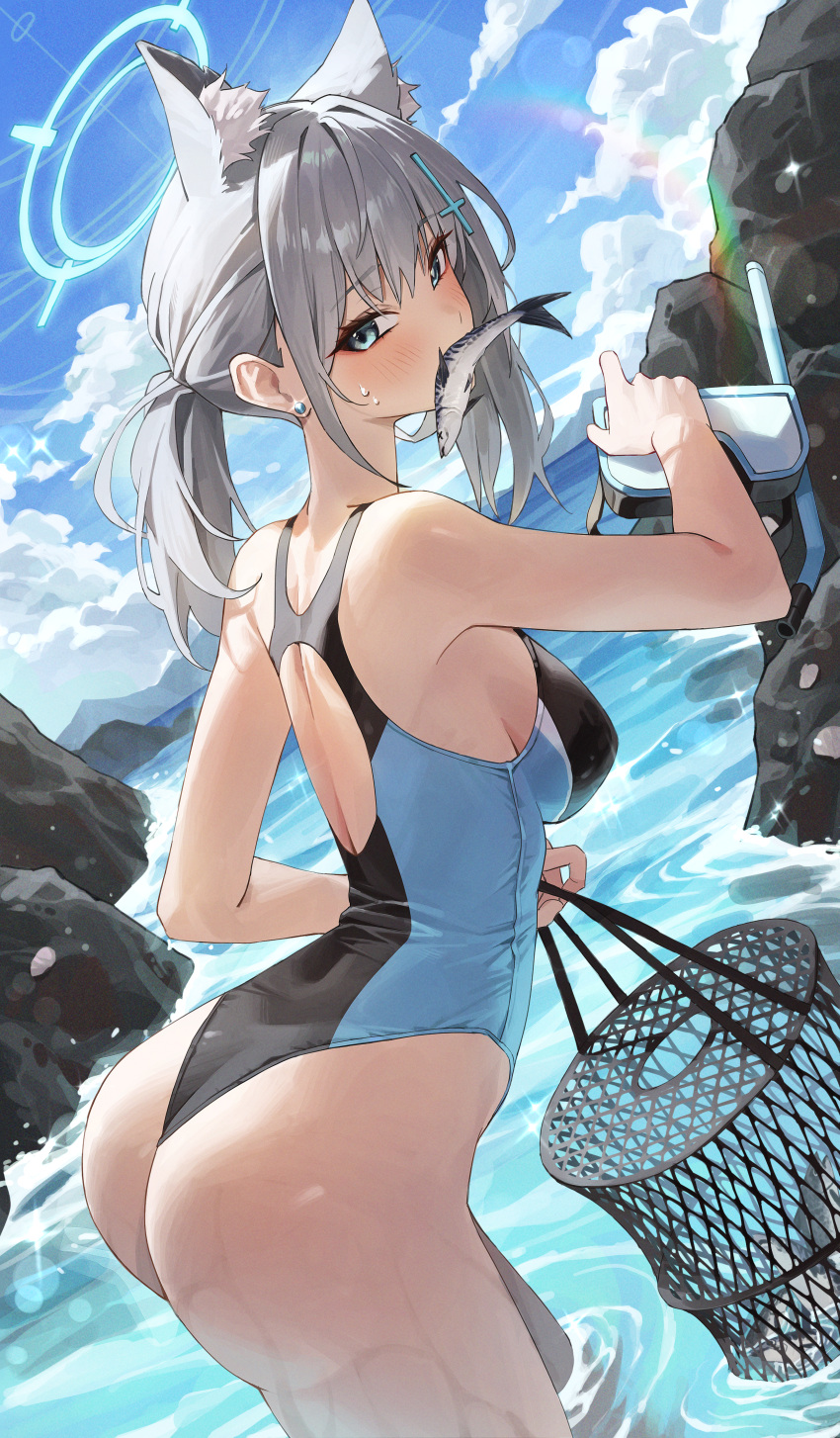 1girl absurdres animal_ear_fluff animal_ears ass back_cutout blue_archive blush breasts clothing_cutout competition_swimsuit earrings fish fishing_net goggles grey_hair halo highres holding holding_goggles jewelry looking_at_viewer median_furrow medium_breasts mismatched_pupils mouth_hold netural official_alternate_costume one-piece_swimsuit outdoors ponytail refraction shiroko_(blue_archive) shiroko_(swimsuit)_(blue_archive) solo stud_earrings sweatdrop swimsuit two-tone_one-piece_swimsuit wading wolf_ears