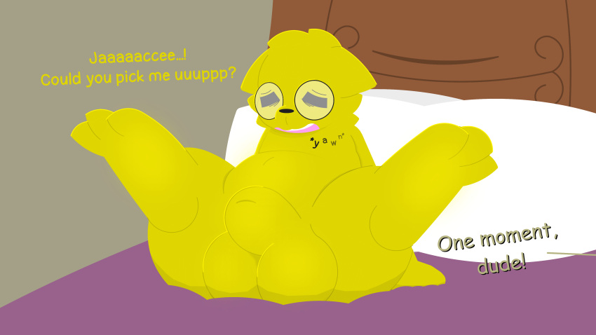 absurd_res animal_genitalia anthro balls bed big_balls butt chubby_male digital_media_(artwork) digitigrade eeveelution english_text eyewear fluffy fur furniture generation_1_pokemon genitals glasses hi_res huge_balls jolt_(joltrex) jolteon joltrex male nintendo nude open_mouth penis pillow pokemon pokemon_(species) presenting presenting_penis sheath simple_background slightly_chubby solo sparkothefailure text thick_thighs tired waking_up yawn yellow_body yellow_fur