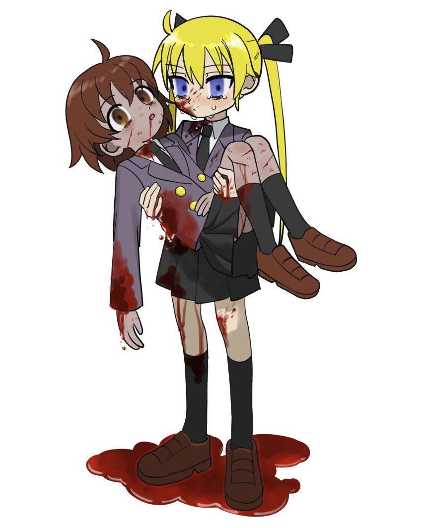 2girls ahoge bags_under_eyes black_hair black_necktie black_skirt black_socks blank_stare blazer bleeding blonde_hair blood blood_from_mouth blood_on_clothes blood_on_face blood_on_leg blood_splatter blush brown_eyes brown_footwear brown_hair buttons carrying closed_mouth collared_shirt colored_skin commentary_request corpse crying crying_with_eyes_open cuts death empty_eyes expressionless full_body grey_jacket grey_skin hair_ribbon highres injury jacket kill_me_baby kneehighs loafers long_hair long_sleeves looking_at_viewer multiple_girls necktie numamomi open_mouth oribe_yasuna pleated_skirt pool_of_blood princess_carry ribbon school_uniform shirt shoes short_hair skirt socks sonya_(kill_me_baby) standing tears traumatized twintails upskirt white_shirt