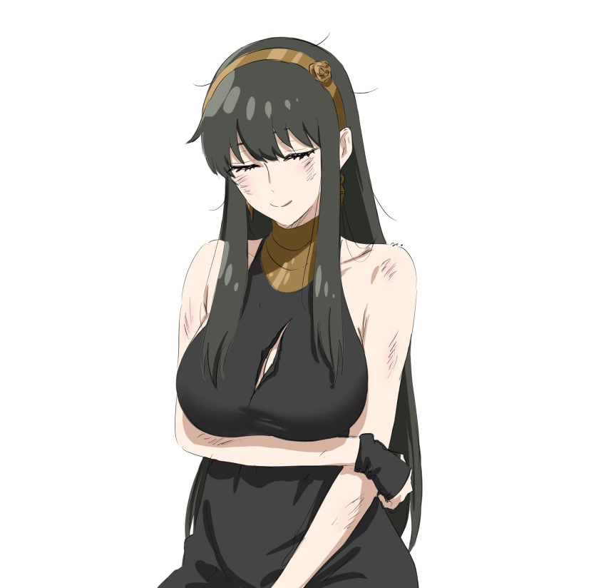 1girl arm_under_breasts bare_shoulders black_dress black_gloves black_hair breasts bruise bruise_on_face closed_eyes closed_mouth commentary_request dress fingerless_gloves gloves gold_hairband hairband highres injury large_breasts long_hair mitsugu official_alternate_costume sidelocks sleeveless sleeveless_dress smile solo spy_x_family torn_clothes torn_dress upper_body white_background yor_briar