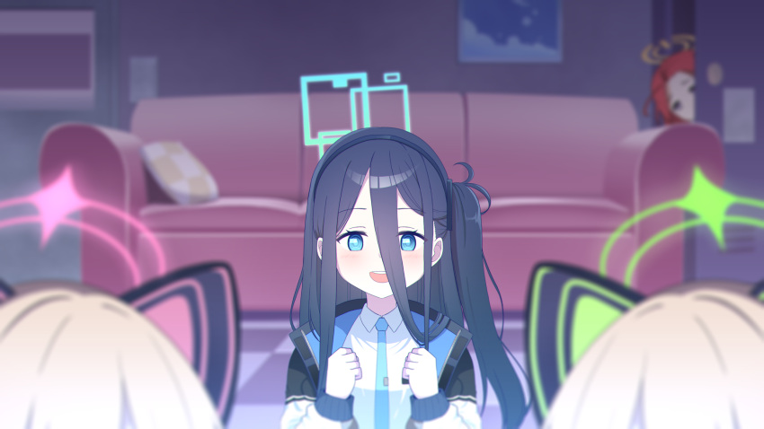 4girls absurdly_long_hair animal_ear_headphones animal_ears aris_(blue_archive) black_hair black_hairband blonde_hair blue_archive blue_eyes blue_halo checkered_floor collared_shirt couch fake_animal_ears game_development_department_(blue_archive) green_halo hairband halo headphones highres indoors long_hair long_sleeves midori_(blue_archive) momoi_(blue_archive) multiple_girls nanju_bami one_side_up pink_halo red_hair ringed_eyes shirt siblings sisters twins very_long_hair white_shirt yellow_halo yuzu_(blue_archive)