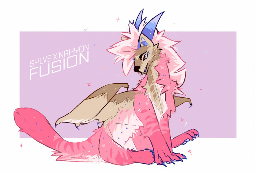 canid cheek_tuft dragon facial_tuft feet female feral fluffy fluffy_tail fur furred_dragon fusion hair horn hybrid looking_back mammal nahyon nahyon_(character) neck_tuft pink_body sitting smiles solo sparkles sylve tail talons toes tuft wings