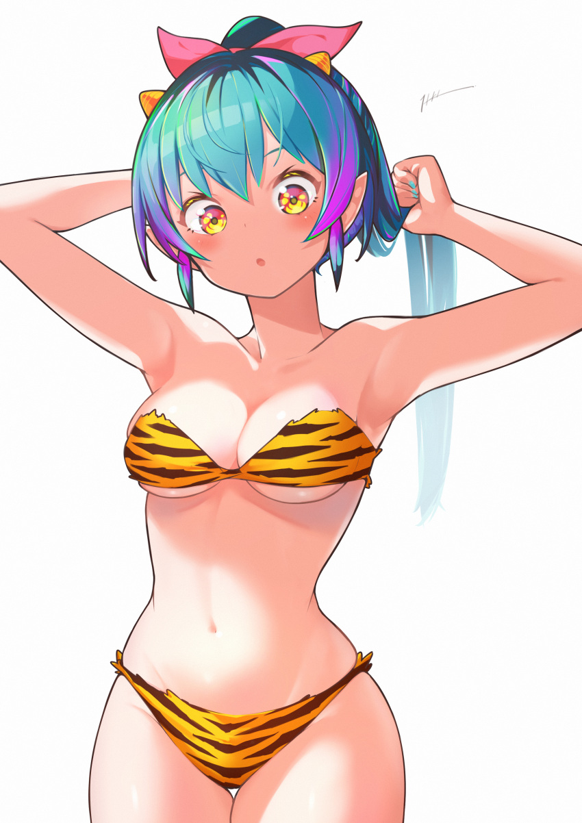 1girl :o absurdres adjusting_hair animal_print armpits arms_up bare_arms bare_shoulders bikini blue_hair blue_nails blush bow breasts commentary cowboy_shot fingernails fur_bikini green_hair hair_bow highres horns itou_kazuki long_hair looking_at_viewer lum medium_breasts multicolored_hair nail_polish navel oni oni_horns parted_lips pink_bow pointy_ears ponytail print_bikini purple_hair signature simple_background solo stomach strapless strapless_bikini swimsuit thigh_gap tiger_print urusei_yatsura white_background yellow_bikini yellow_eyes yellow_horns