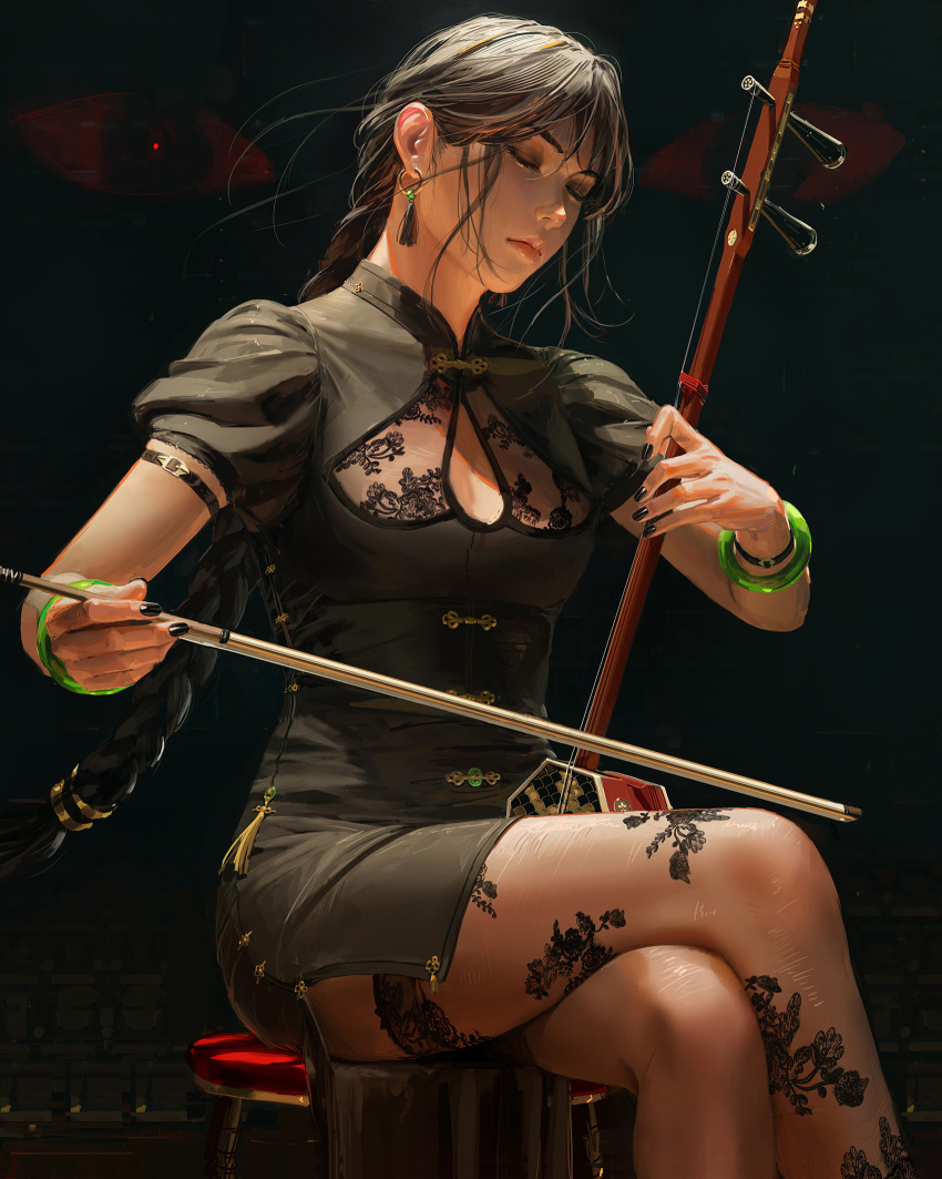 1girl black_dress black_hair black_nails braid breasts china_dress chinese_clothes cleavage_cutout closed_eyes closed_mouth clothing_cutout commentary crossed_legs dress english_commentary erhu eyes_in_shadow feet_out_of_frame guweiz highres holding holding_instrument instrument instrument_request long_hair nail_polish original puffy_short_sleeves puffy_sleeves red_eyes short_sleeves single_braid sitting small_breasts solo stool thighhighs very_long_hair white_thighhighs