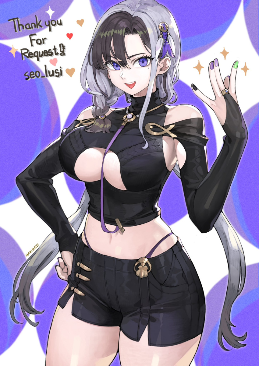 1girl arm_at_side bike_shorts black_hair black_shirt black_shorts breasts bridal_gauntlets cleavage commission crop_top duplicate elbow_gloves gloves grin halterneck hand_up highres ichthys jun_(seojh1029) kim_joo-joo large_breasts leg_tattoo long_hair looking_at_viewer making-of_available midriff navel original parted_bangs purple_background purple_eyes revision second-party_source shirt short_shorts shorts simple_background single_bare_shoulder skeb_commission smile solo sparkle sparkle_background sparkling_eyes standing stomach tattoo two-tone_background