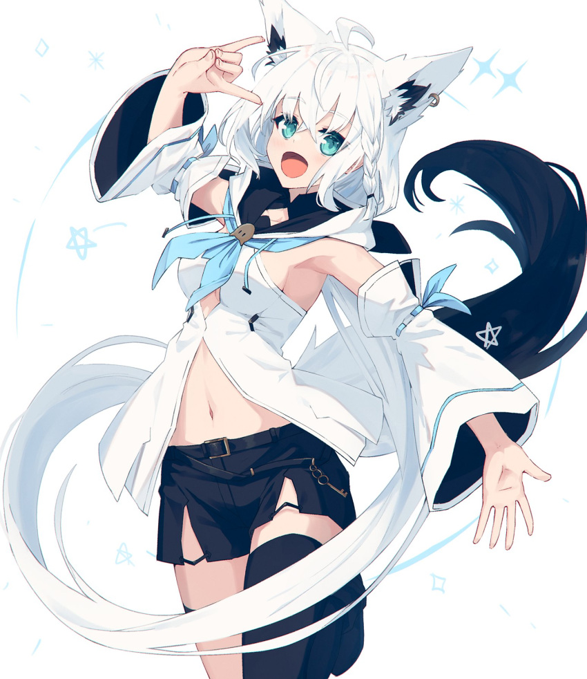 1girl ahoge animal_ear_fluff animal_ears aqua_eyes bare_shoulders black_shorts black_thighhighs blue_neckerchief bow braid breasts crossed_bangs detached_sleeves earrings extra_ears fox_ears fox_girl fox_shadow_puppet fox_tail front_slit hair_bow highres hololive hood hoodie hoop_earrings jewelry laughing long_hair long_sleeves looking_at_viewer low-tied_long_hair medium_breasts nagishiro_mito neckerchief pentagram shirakami_fubuki shirakami_fubuki_(1st_costume) shorts side_braid sidelocks simple_background single_braid single_earring single_thighhigh solo tail thigh_strap thighhighs virtual_youtuber white_background white_hair white_hoodie wide_sleeves