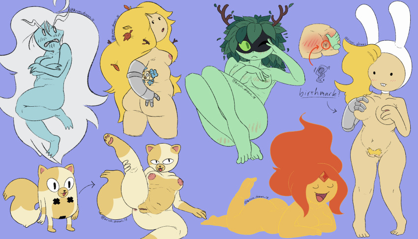 absurd_res adventure_time anthro breasts cake_the_cat cartoon_network elemental_creature felid female fionna_the_human fire fire_creature flame_princess genitals group hi_res human humanoid huntress_wizard ice_queen kross_draws mammal prosthetic prosthetic_limb pubes pussy