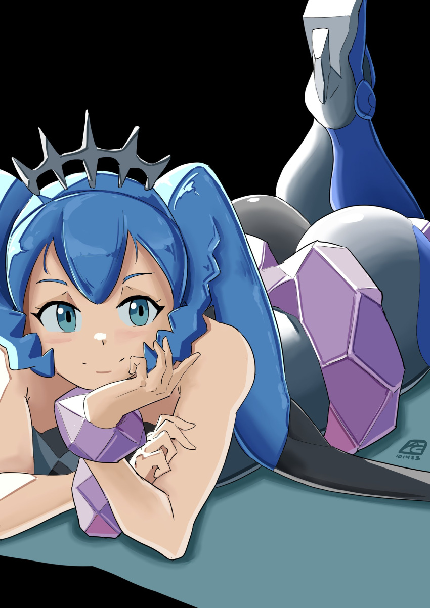 1girl ass automatic_giraffe black_background blue_eyes blue_hair hatsune_miku high_heels highres long_hair looking_at_viewer lying on_stomach poke_ball pokemon project_voltage rock_miku_(project_voltage) signature vocaloid