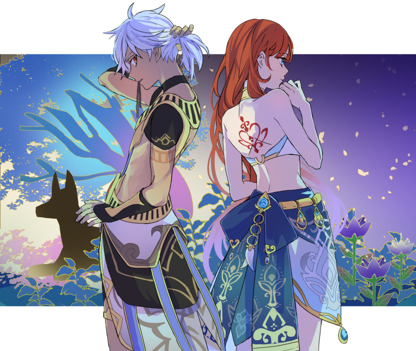 1boy 1girl alternate_hairstyle arabian_clothes back_tattoo bare_shoulders black_choker blue_eyes choker crop_top cyno_(genshin_impact) dark-skinned_male dark_skin detached_sleeves duplicate flower genshin_impact harem_outfit highres jewelry kk_(kkgame7733) long_hair long_sleeves nilou_(genshin_impact) pixel-perfect_duplicate ponytail puffy_sleeves red_eyes red_hair skirt tattoo white_hair