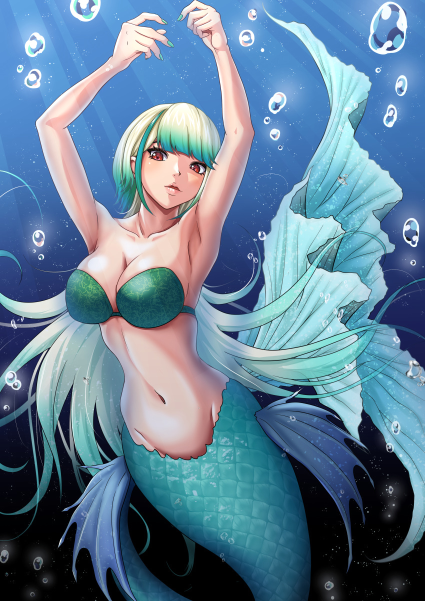 1girl absurdres air_bubble armpits arms_up bare_shoulders bikini bikini_top_only breasts bubble character_request cleavage collarbone commentary_request copyright_request fins gradient_hair green_footwear green_hair groin highres large_breasts light_rays long_hair looking_at_viewer mermaid monster_girl multicolored_hair navel nito_(mrrx5772) parted_lips red_eyes scales sidelocks solo stomach swimsuit underwater virtual_youtuber white_hair