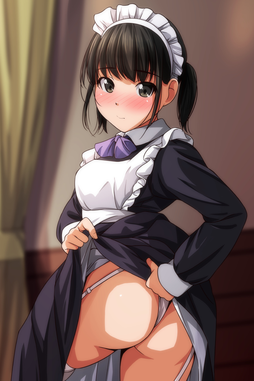 1girl absurdres apron ass black_dress black_hair blurry blurry_background blush brown_eyes closed_mouth clothes_lift collared_dress curtains dress dress_lift embarrassed garter_straps highres indoors long_sleeves looking_at_viewer maid maid_apron maid_headdress matsunaga_kouyou original panties short_twintails solo standing thighhighs twintails twisted_torso underwear white_panties white_thighhighs