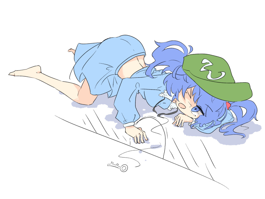 1girl all_fours arm_support back_peek barefoot blue_shirt blue_skirt breasts collared_shirt dropped_object frilled_shirt frills full_body green_headwear hair_bobbles hair_ornament hat highres kawashiro_nitori key long_sleeves medium_breasts multicolored_hair on_floor one-hour_drawing_challenge one_eye_closed open_mouth pleated_skirt primsla shirt short_hair simple_background skirt solo touhou two_side_up white_background white_shirt