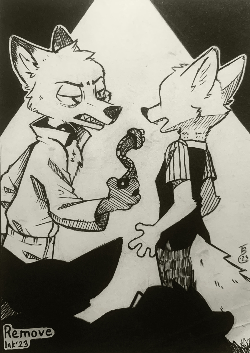 2023 absurd_res alternate_universe anthro arctic_fox canid canine clothed clothing collar disney fox fully_clothed fur group hi_res holding_object inktober inktober_2023 mammal nick_wilde red_fox sharp_teeth shock_collar silhouette skye_(zootopia) teeth theblueberrycarrots traditional_media_(artwork) zistopia zootopia