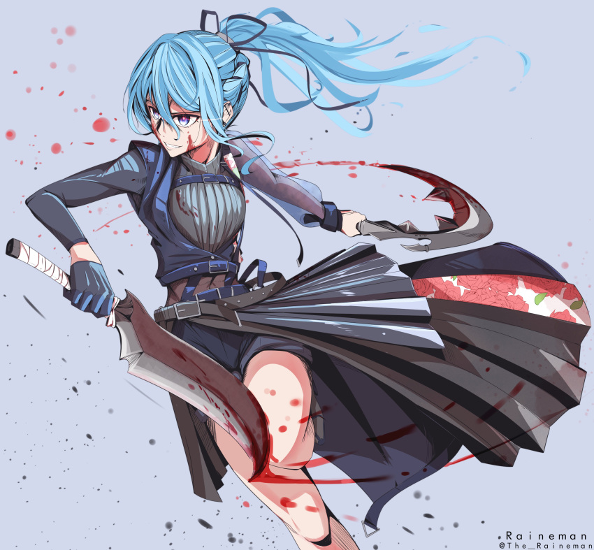 1girl absurdres blood blood_on_clothes blood_on_face blood_on_weapon blood_splatter blood_stain blue_eyes blue_hair dagger gloves grey_background hair_between_eyes highres holding holding_dagger holding_knife holding_weapon hololive hoshimachi_suisei knife long_hair open_mouth scythe side_ponytail solo the_raineman virtual_youtuber weapon